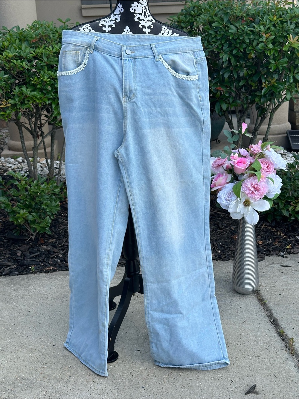 Light Wash Blue Denim Jeans with Beaded Pocket Trim